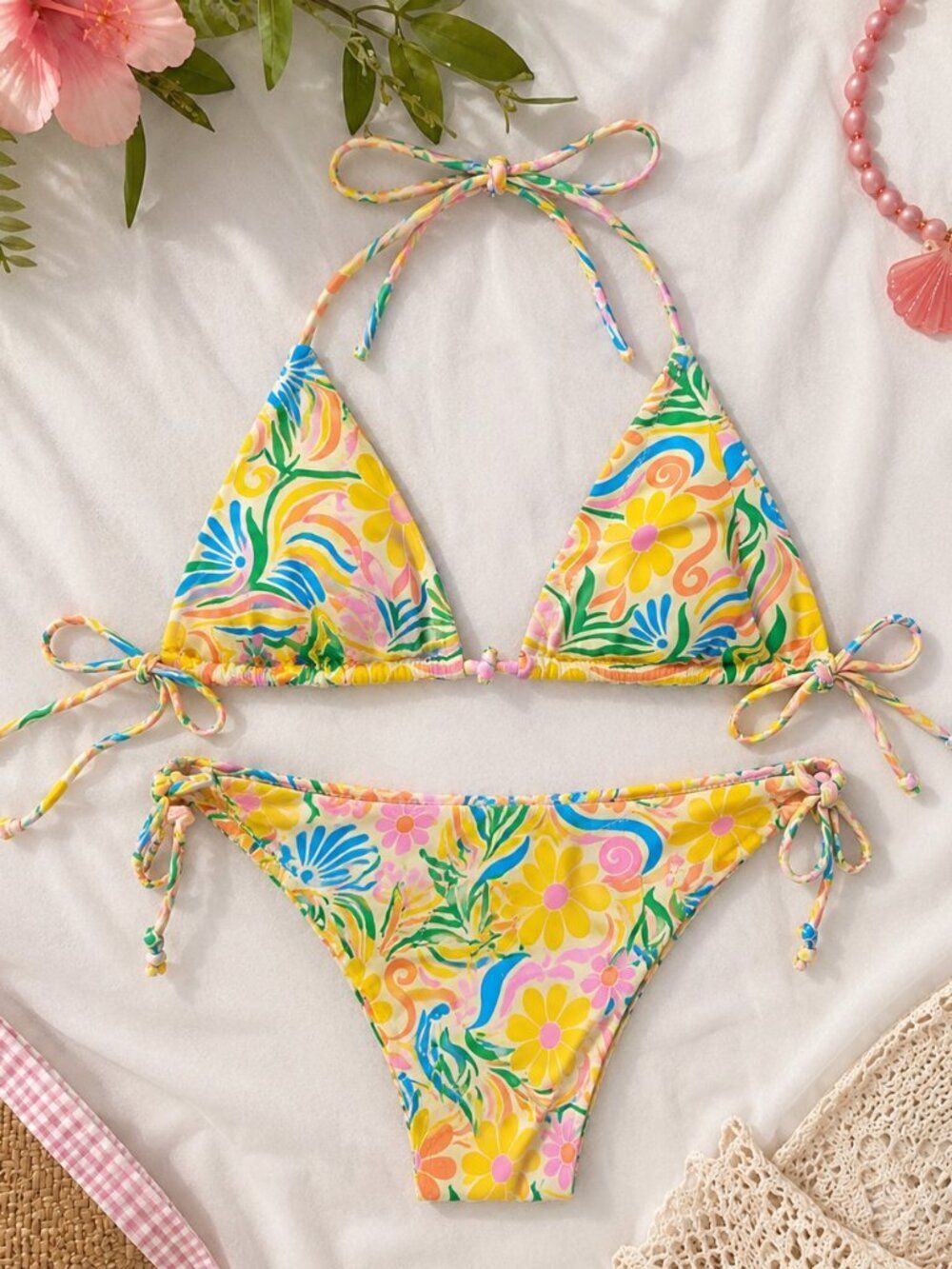 Aurelle Floral Bikini Set Size Large Retro Tropical Tie Side Swim Set